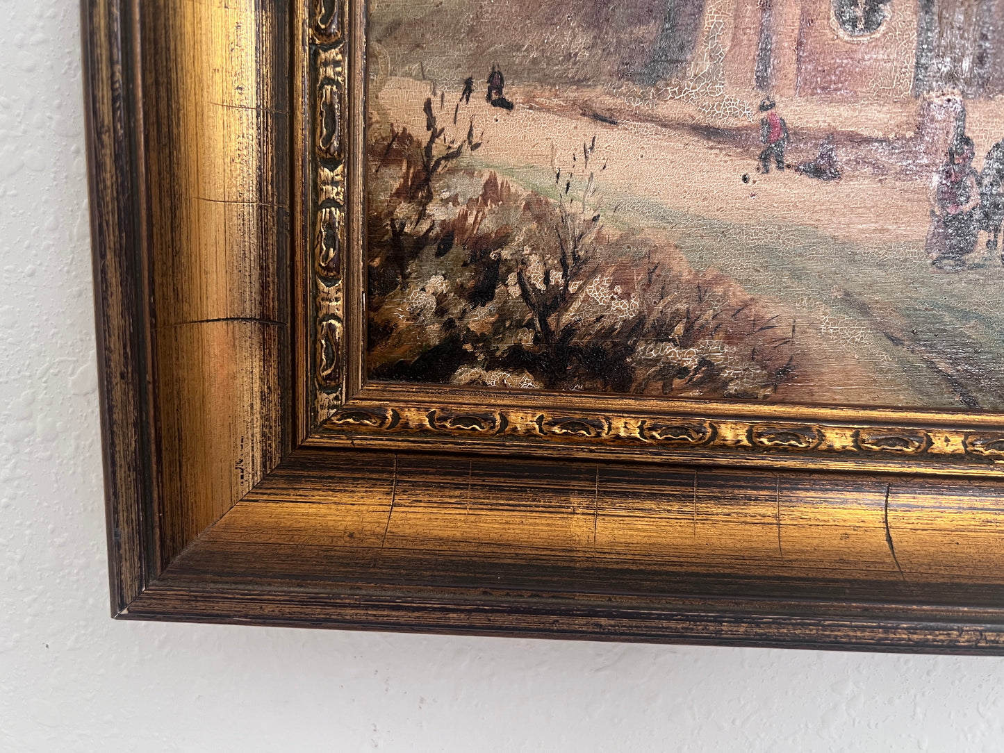 Antique Dutch Style Signed Oil Painting on Board – Winter Landscape Genre Scene