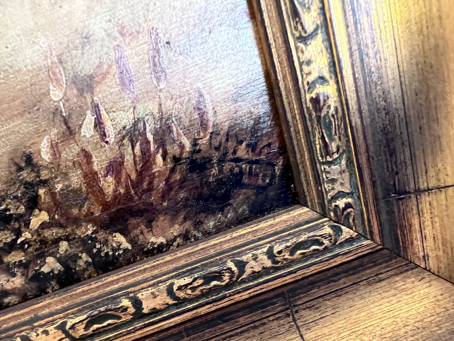 Antique Dutch Style Signed Oil Painting on Board – Winter Landscape Genre Scene