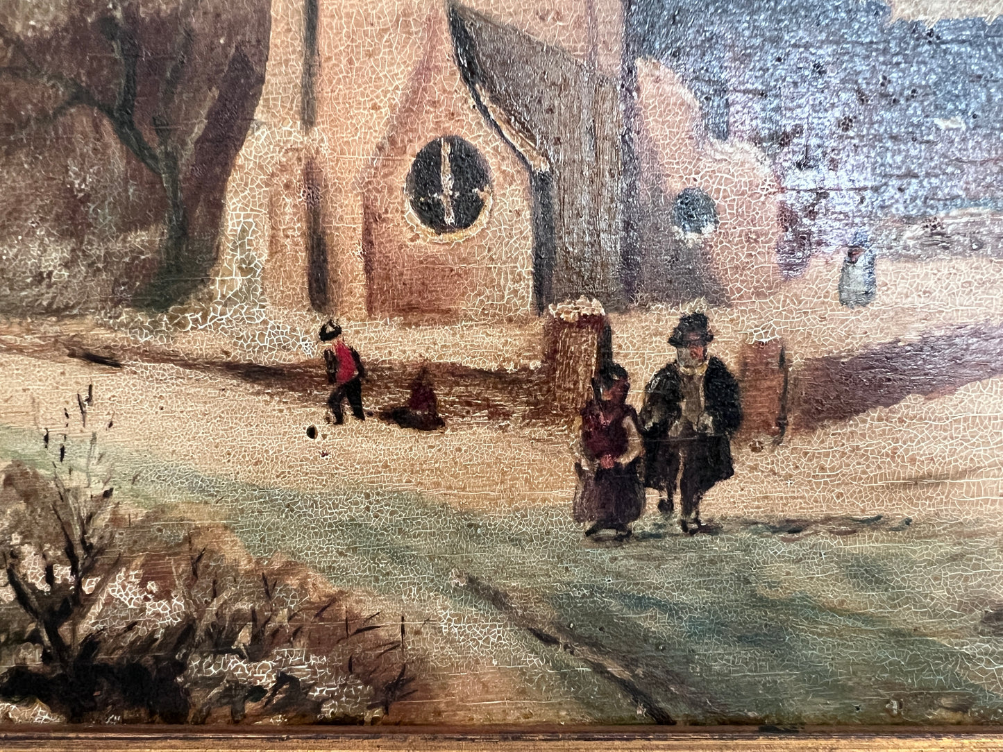 Antique Dutch Style Signed Oil Painting on Board – Winter Landscape Genre Scene