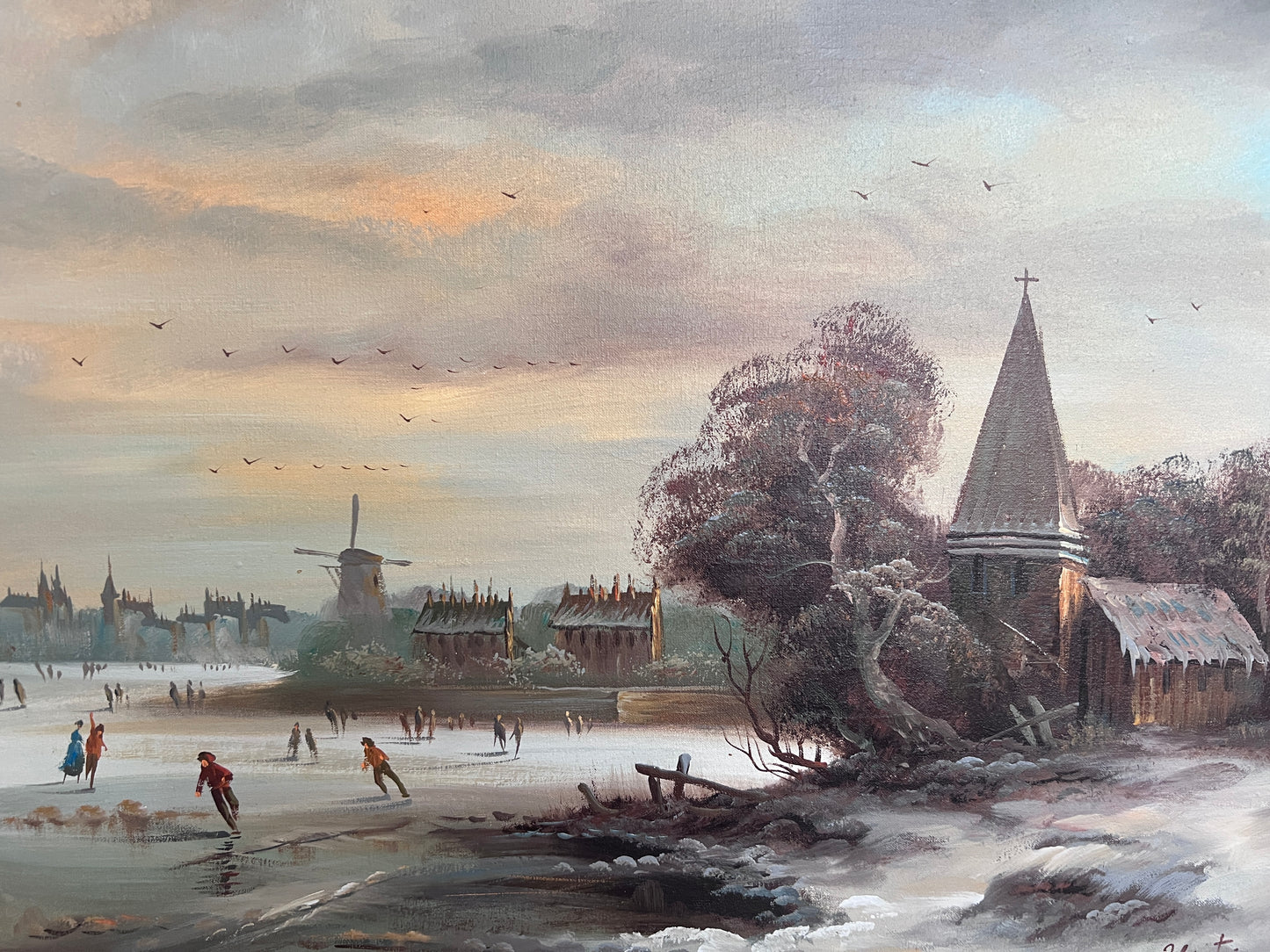 Vintage Dutch Style Winter Landscape Oil Painting – Signed Martin – Canvas