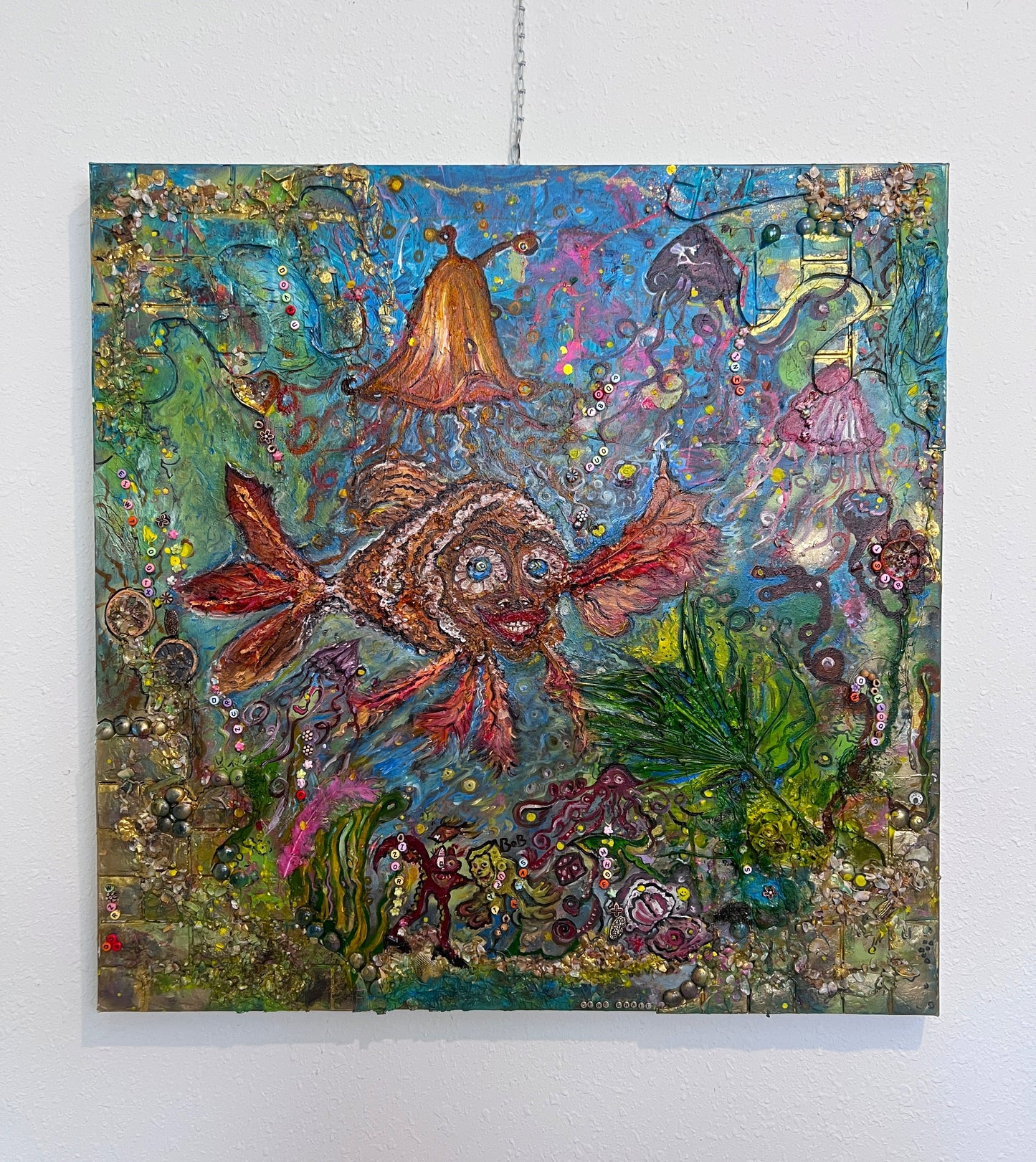 Large Textured Mixed Media Painting by Serg Graff – "Magic Fish" – COA Included
