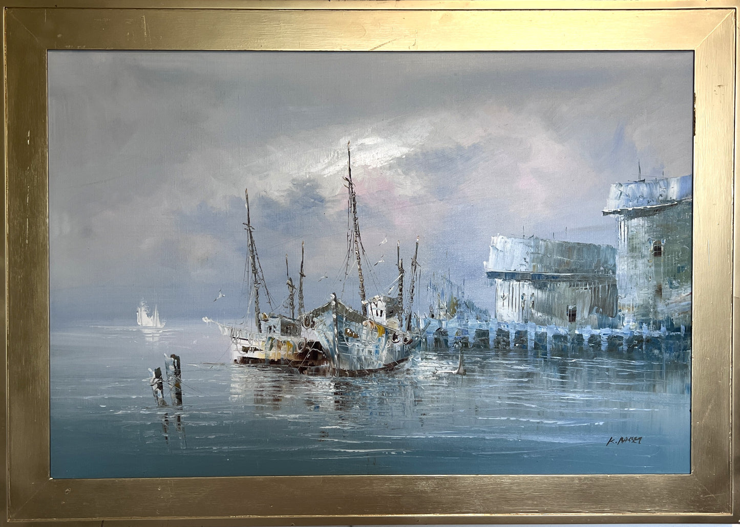 Original Oil Painting by K. Rasset | Seascape Harbor Scene | Vintage Maritime Ar