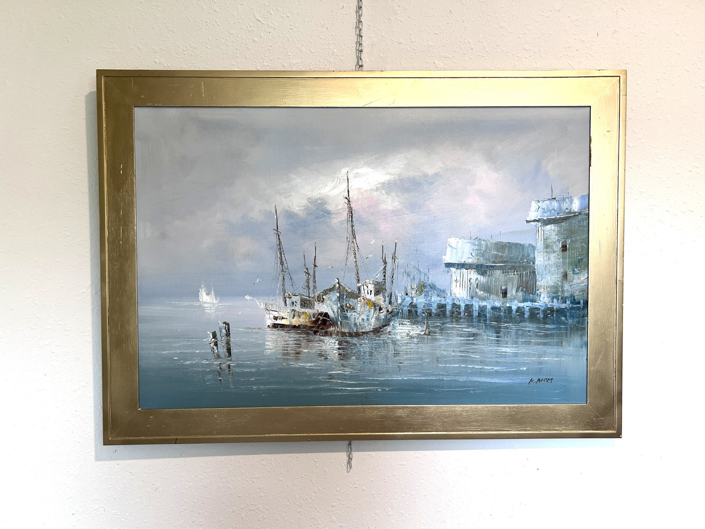 Original Oil Painting by K. Rasset | Seascape Harbor Scene | Vintage Maritime Ar