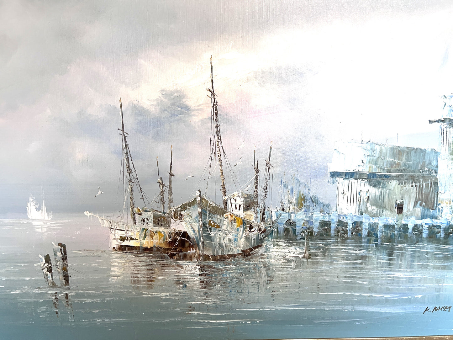 Original Oil Painting by K. Rasset | Seascape Harbor Scene | Vintage Maritime Ar