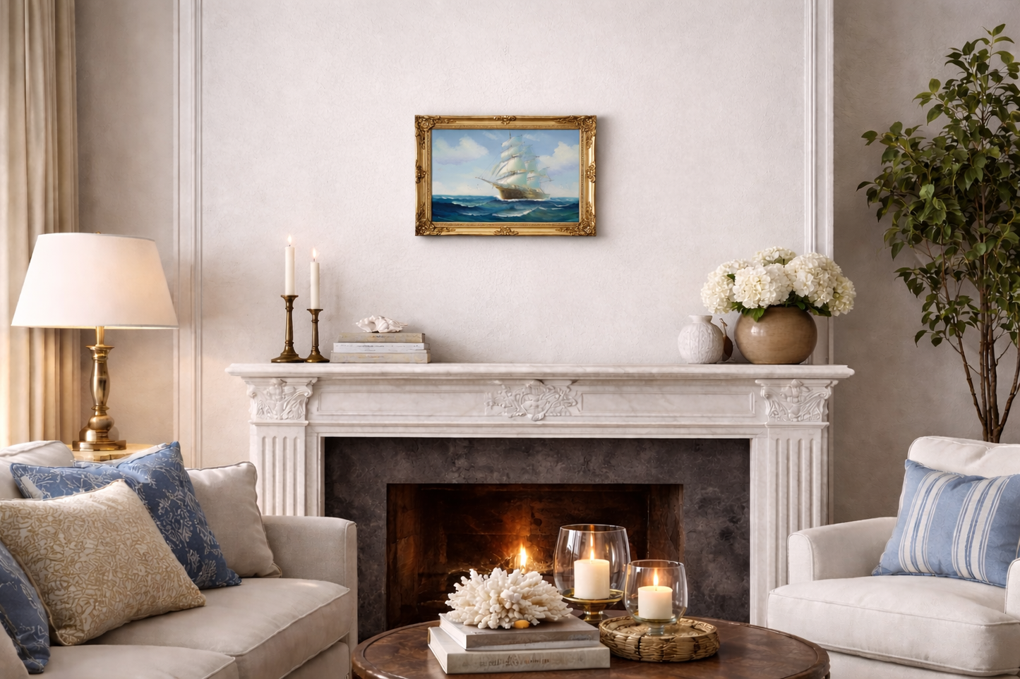 Sailing Ship Oil Painting Seascape Nautical Wall Art Framed Ocean Artwork