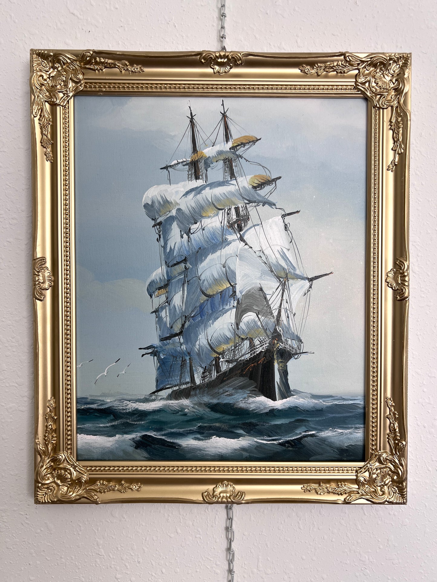 Original Oil Painting Clipper Ship at Sea Nautical Maritime Seascape Framed