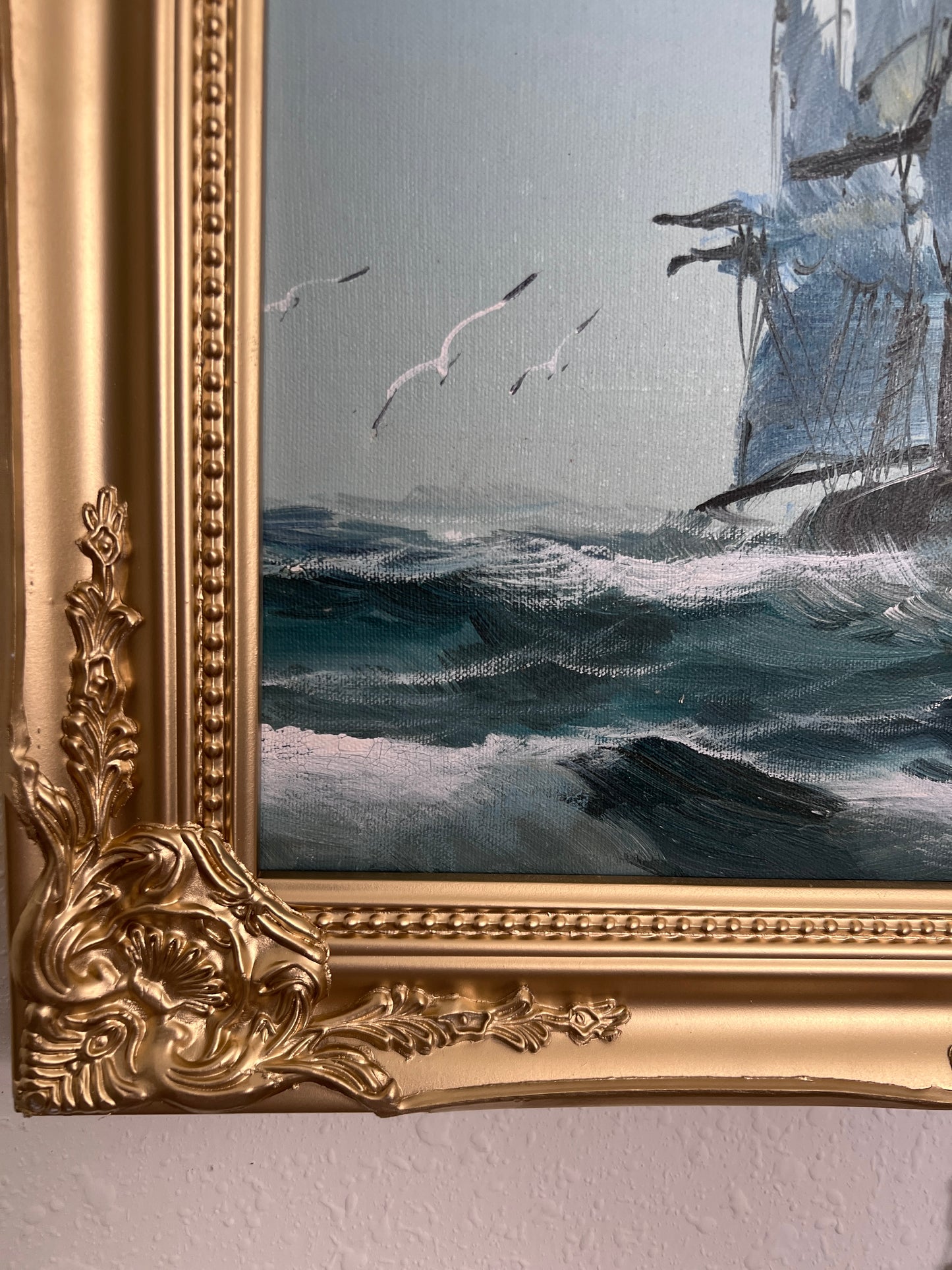 Original Oil Painting Clipper Ship at Sea Nautical Maritime Seascape Framed