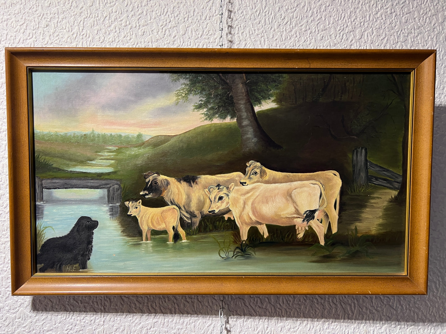 Antique oil painting on canvas, Landscape, Cows, Signed, Framed