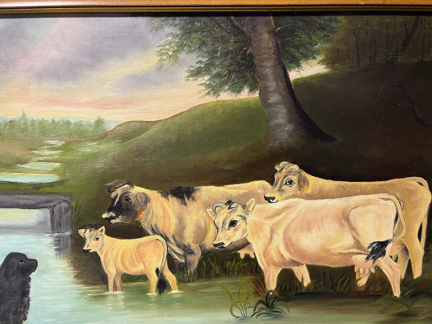 Antique oil painting on canvas, Landscape, Cows, Signed, Framed