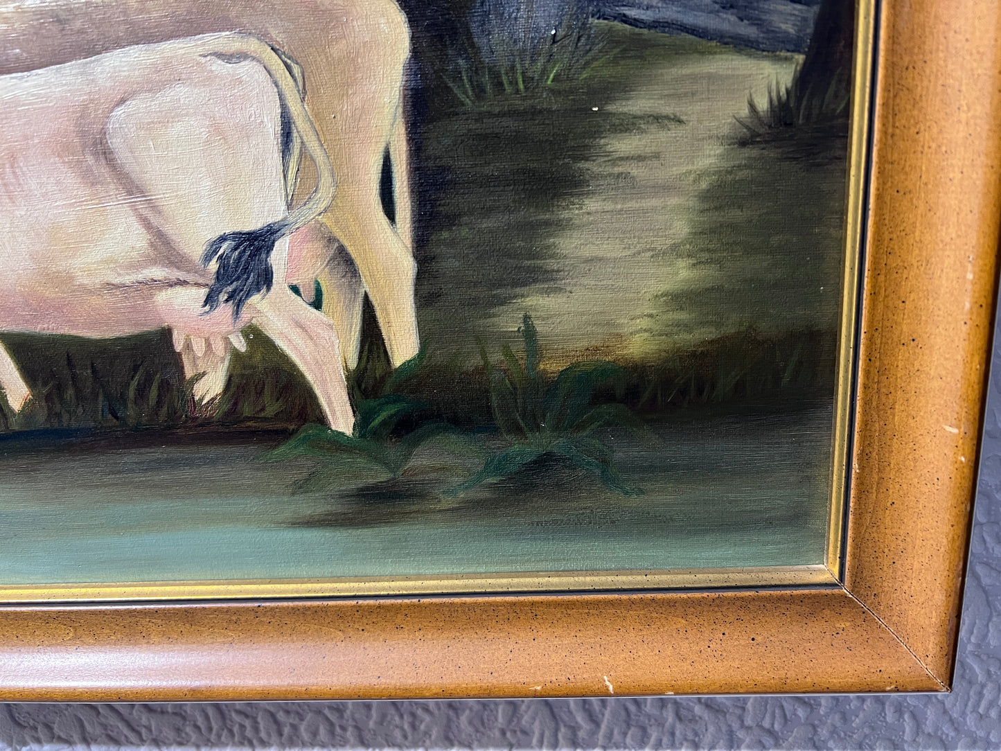 Antique oil painting on canvas, Landscape, Cows, Signed, Framed