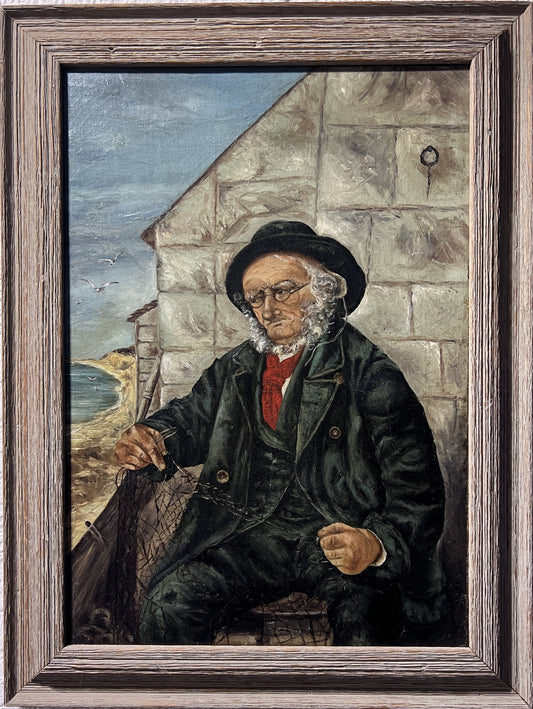 Vintage Oil Painting – Portrait of Fisherman with Nets, Framed Maritime Art