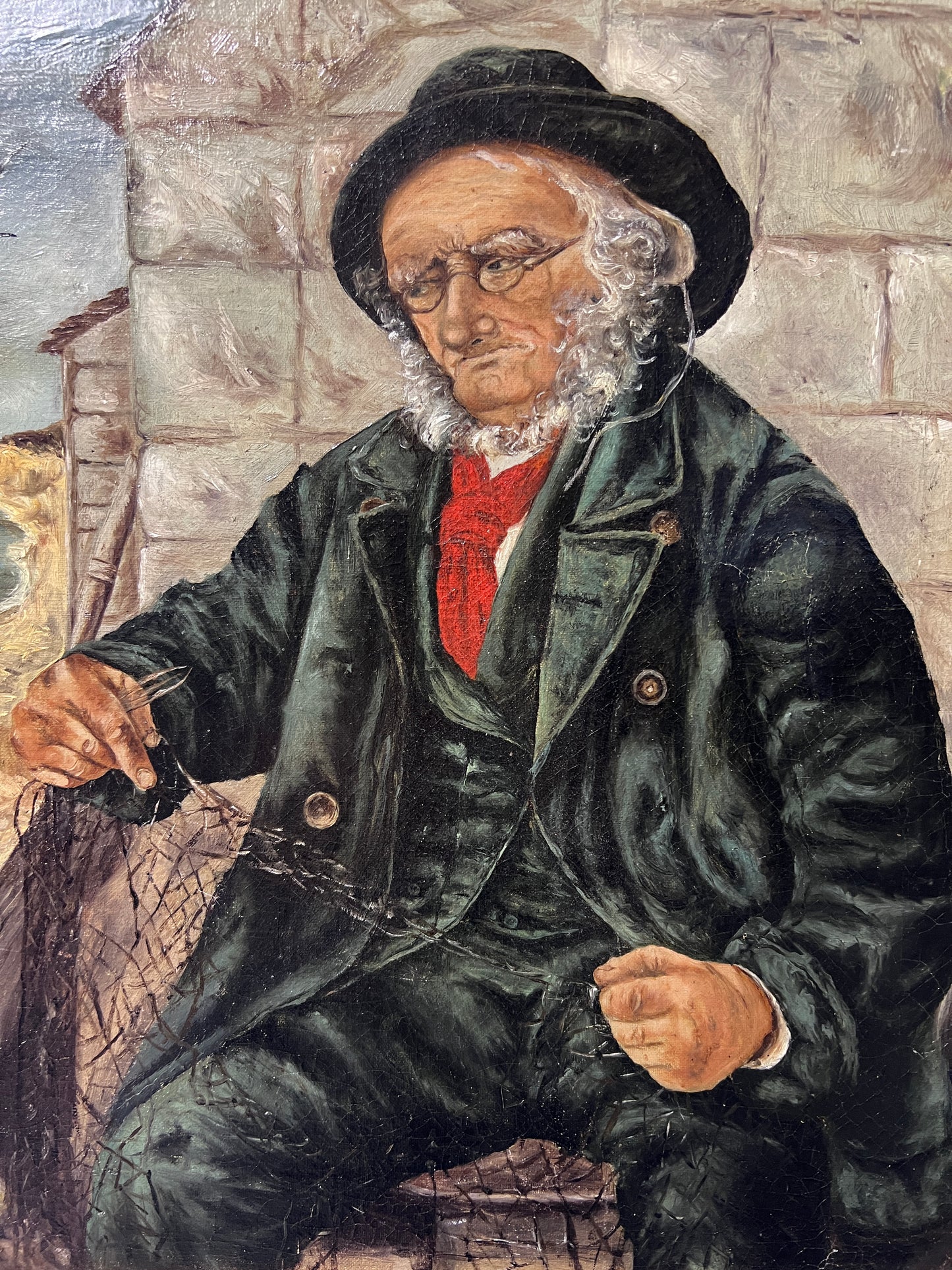 Vintage Oil Painting – Portrait of Fisherman with Nets, Framed Maritime Art