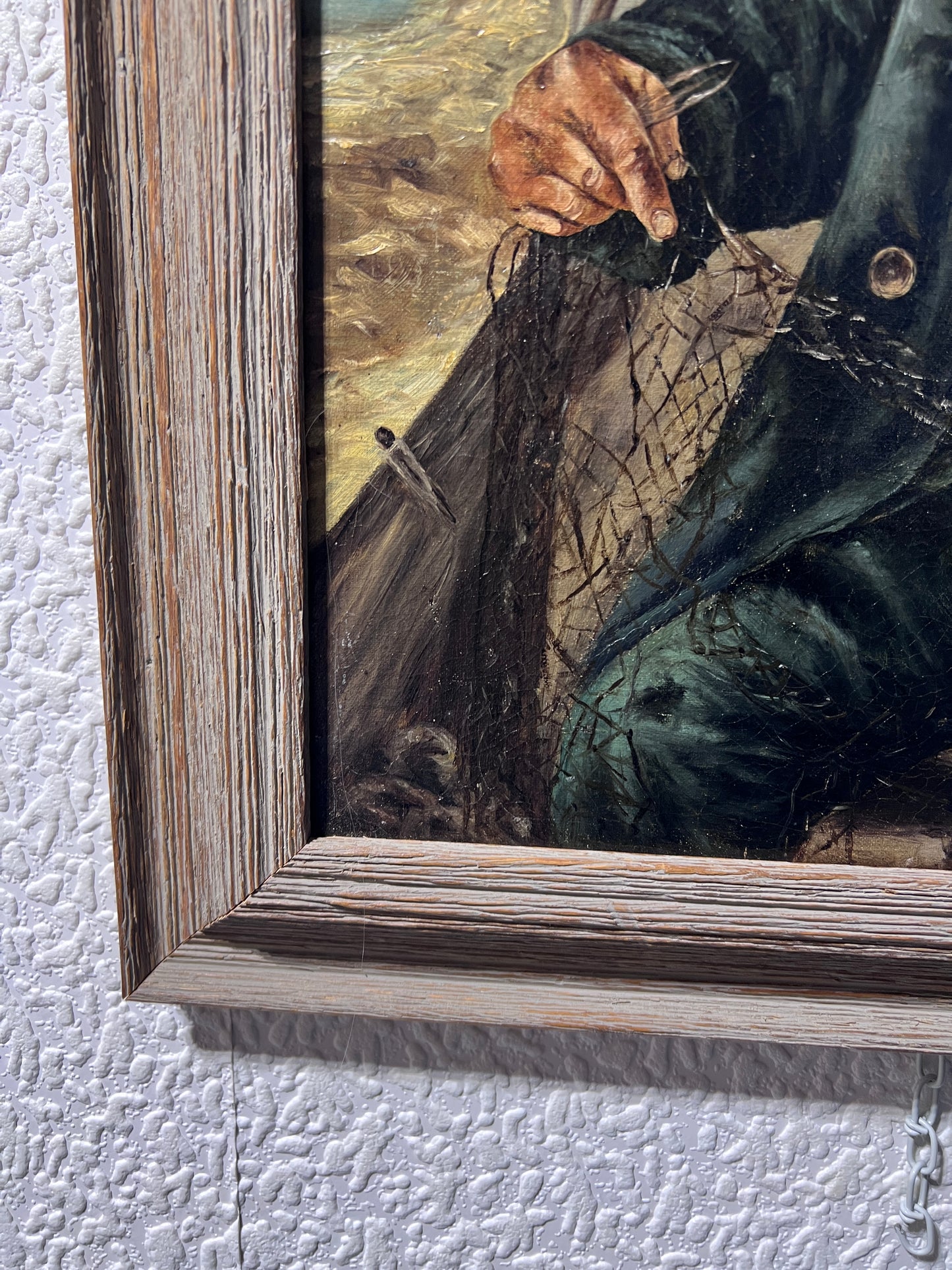Vintage Oil Painting – Portrait of Fisherman with Nets, Framed Maritime Art