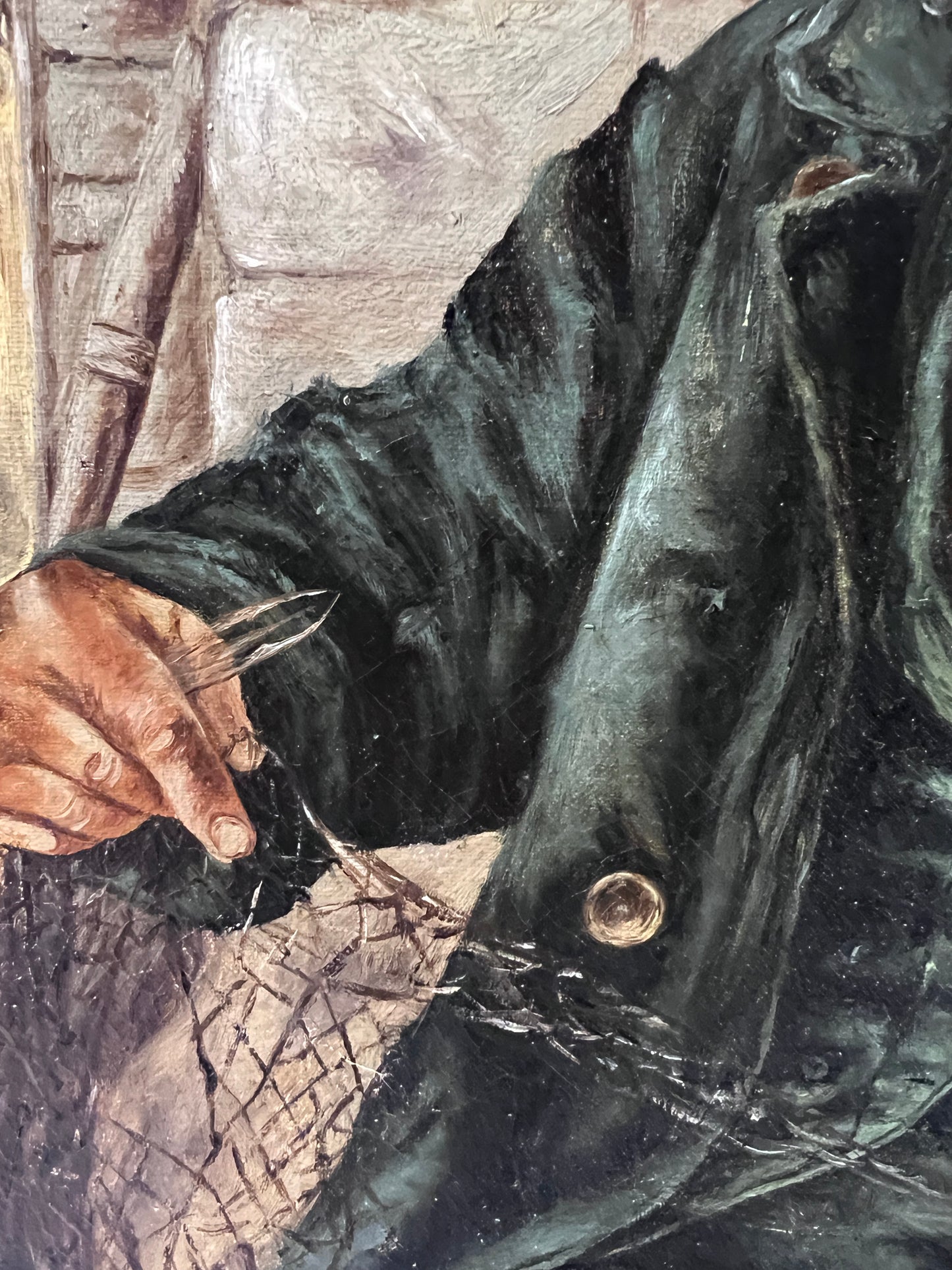 Vintage Oil Painting – Portrait of Fisherman with Nets, Framed Maritime Art
