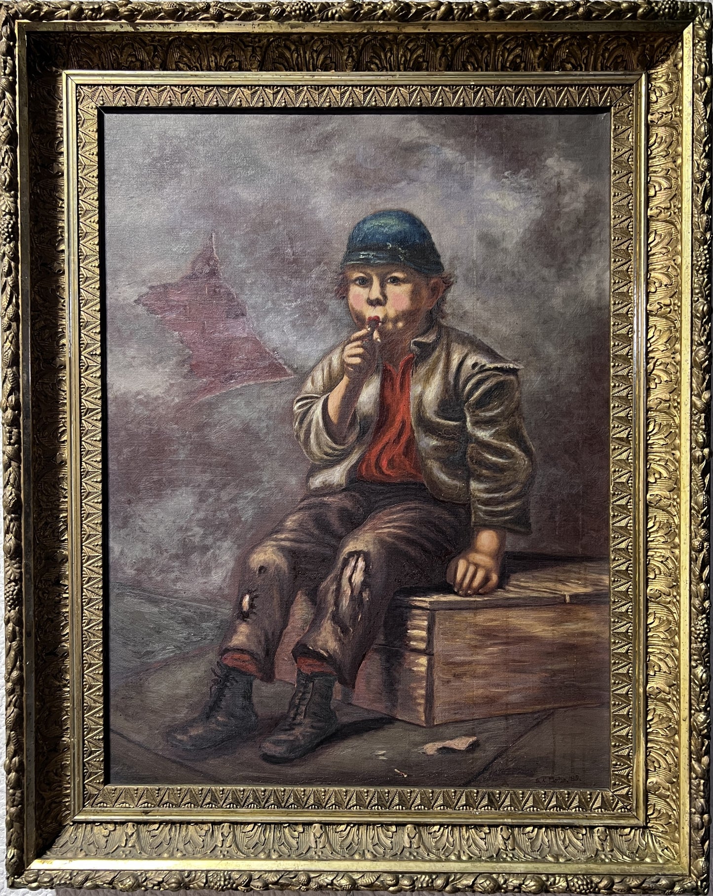 Original Vintage Oil Painting in canvas, Portrait of a Boy. Signed Dated, Framed