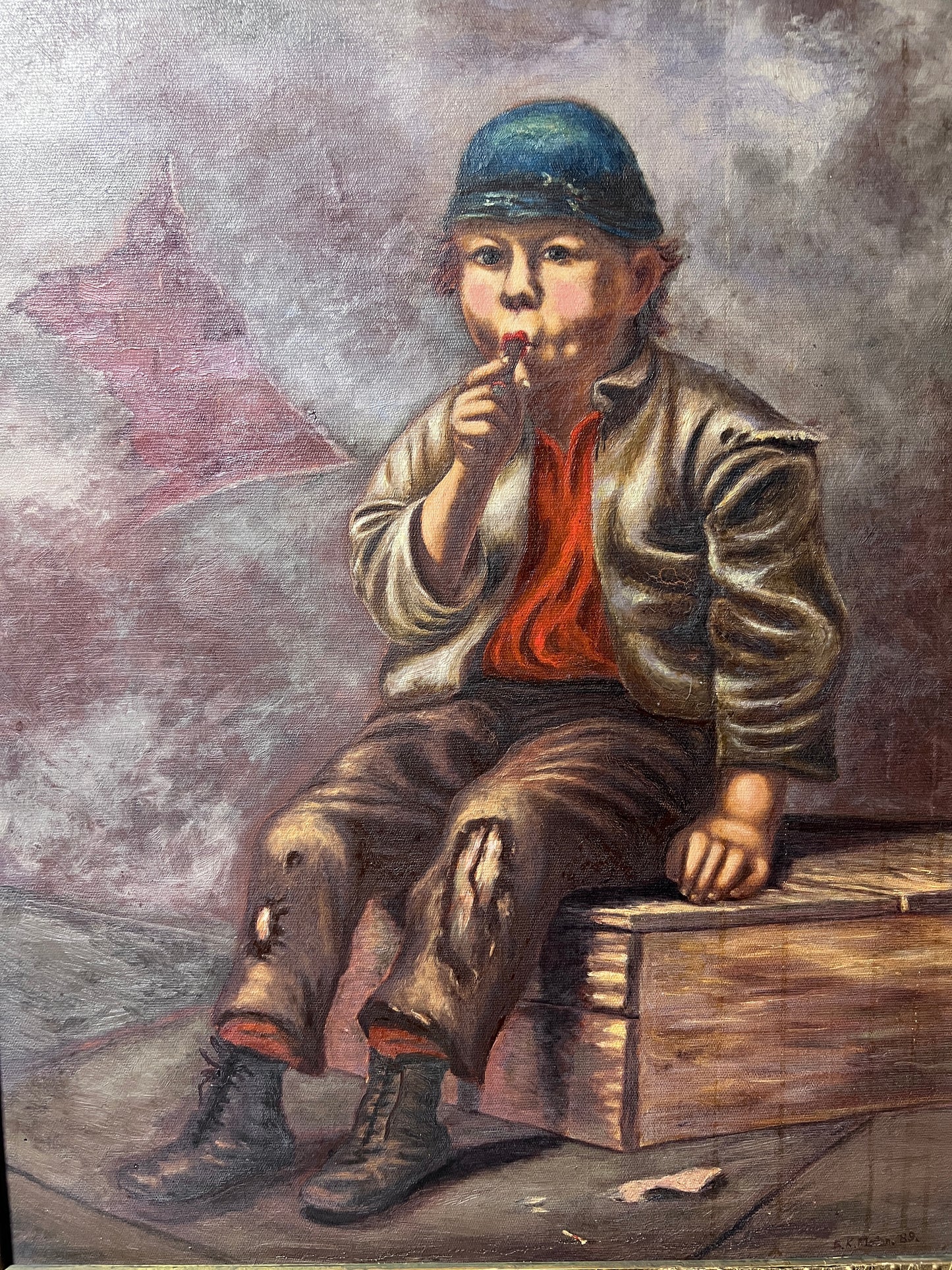 Original Vintage Oil Painting in canvas, Portrait of a Boy. Signed Dated, Framed