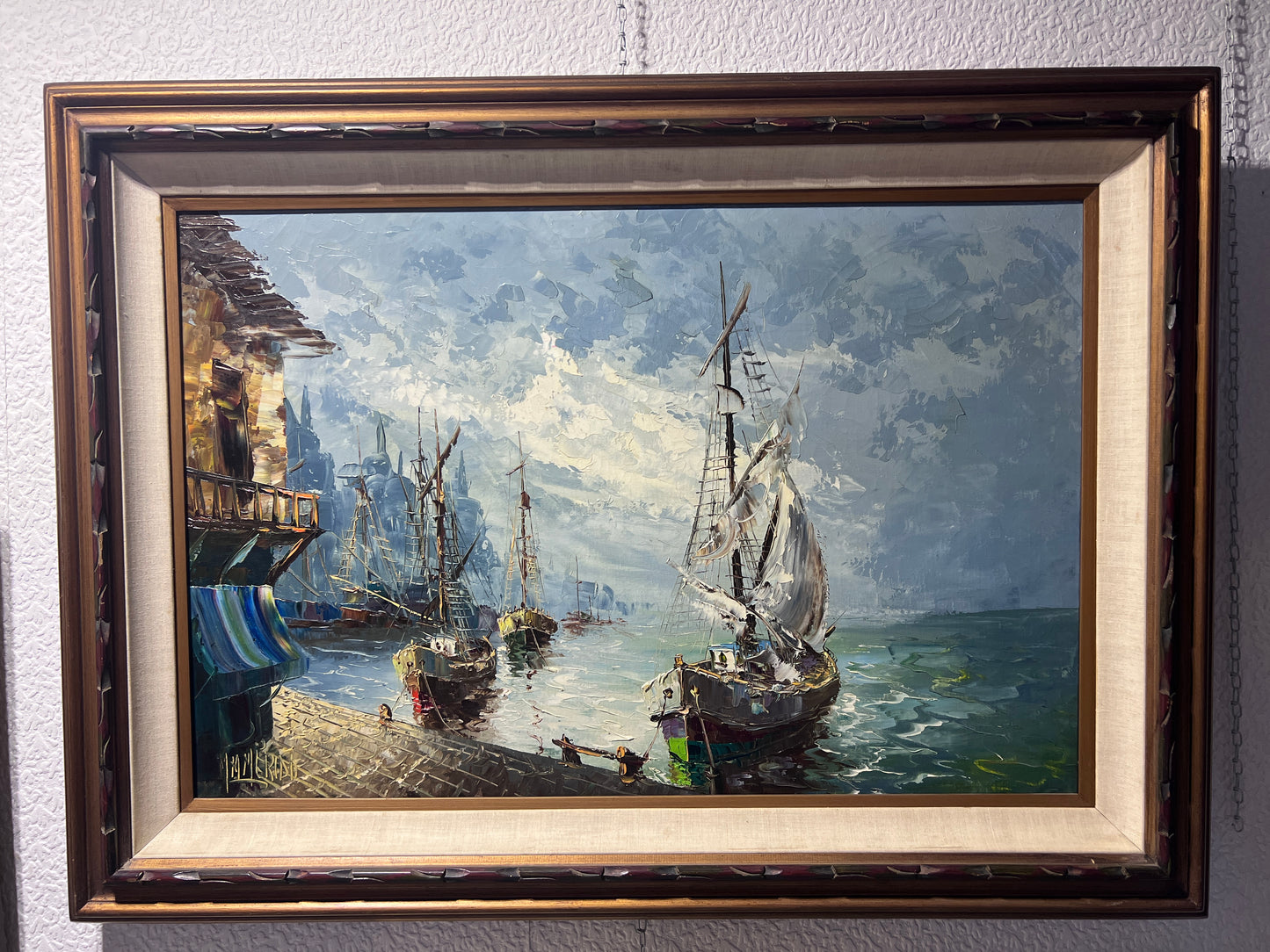 Signed Vintage Original Oil painting on Canvas, Seascape, Harbor Scene, Framed