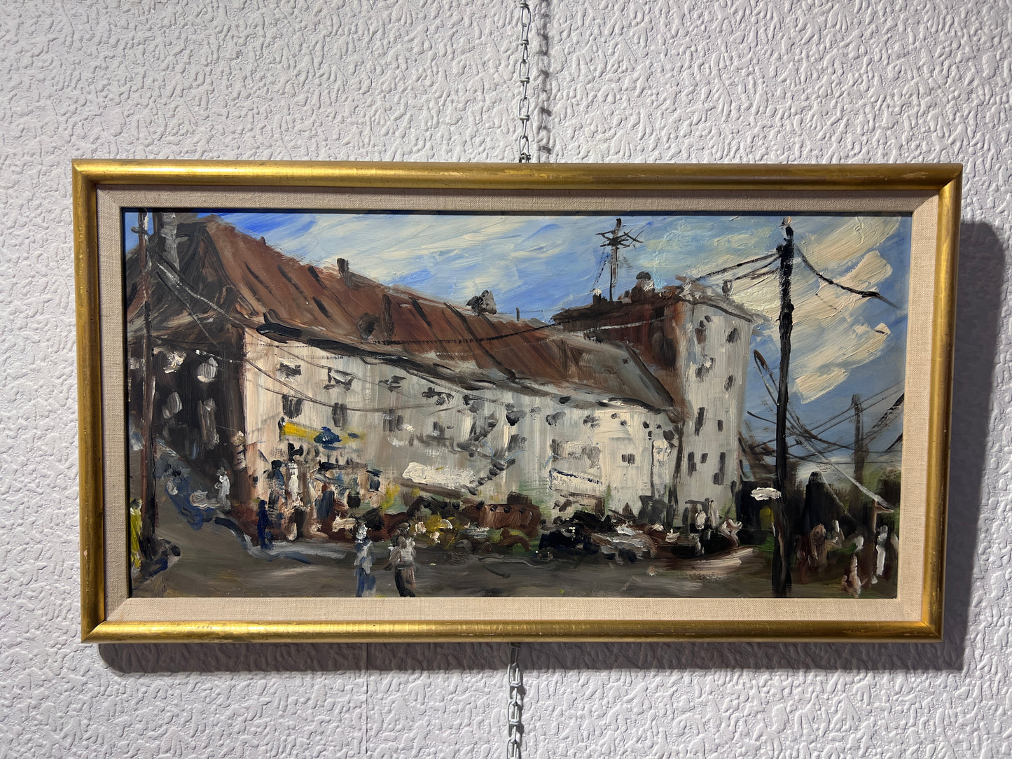 Original oil painting on board, European Cityscape, Unsigned, Framed