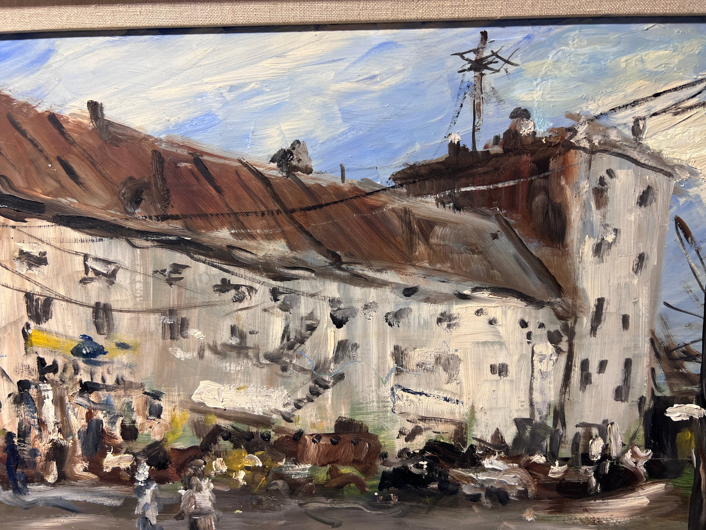 Original oil painting on board, European Cityscape, Unsigned, Framed