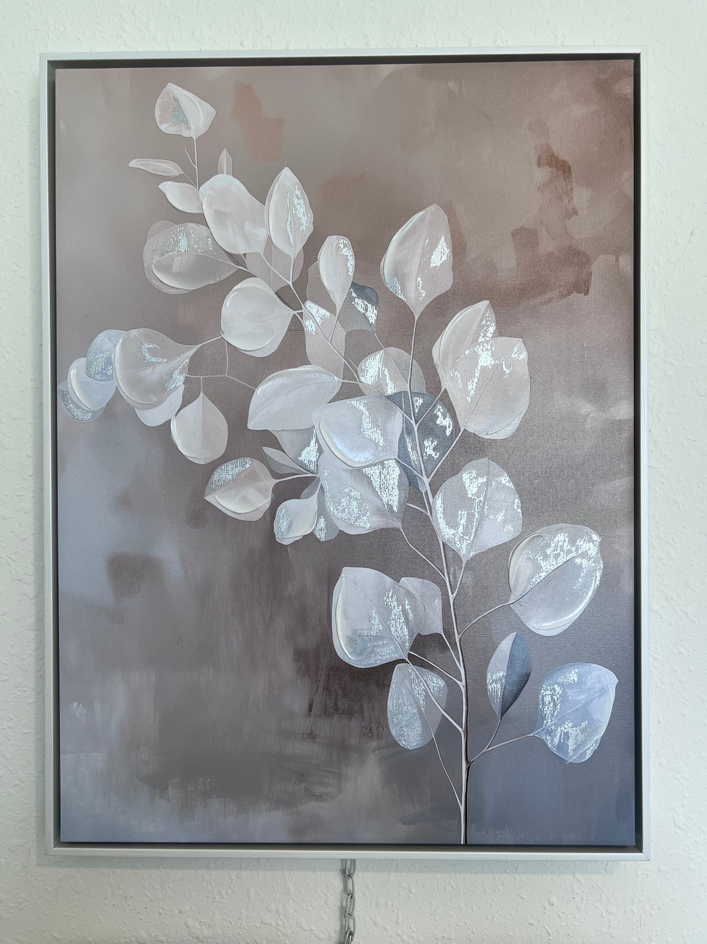 Set of Two Framed Textured Canvas Art Prints – White Botanical Leaf Design