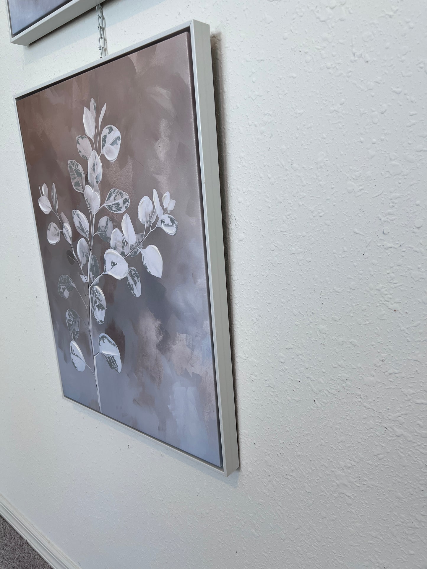 Set of Two Framed Textured Canvas Art Prints – White Botanical Leaf Design