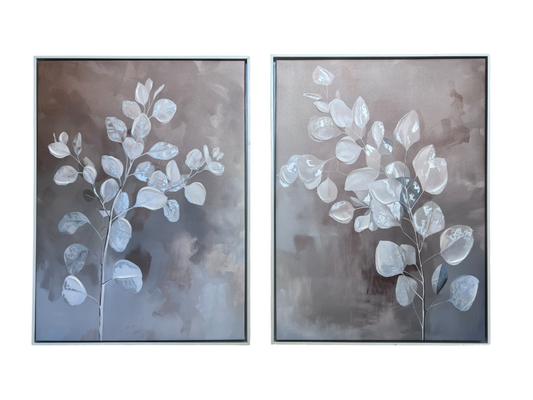 Set of Two Framed Textured Canvas Art Prints – White Botanical Leaf Design