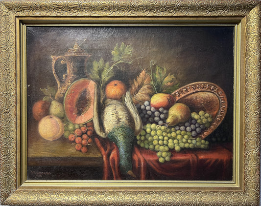 D.S. Lozano Vintage Oil Painting on canvas, Still Life of Died duck and fruits