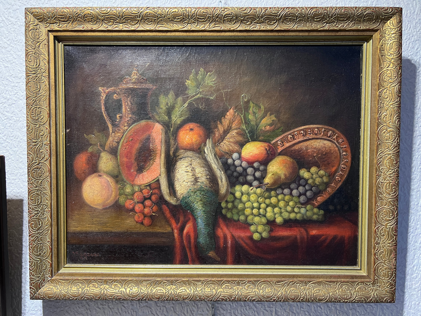 D.S. Lozano Vintage Oil Painting on canvas, Still Life of Died duck and fruits
