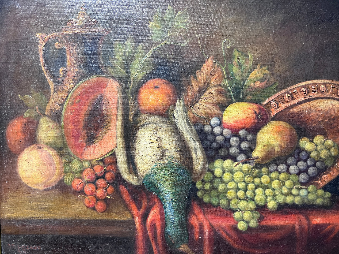 D.S. Lozano Vintage Oil Painting on canvas, Still Life of Died duck and fruits
