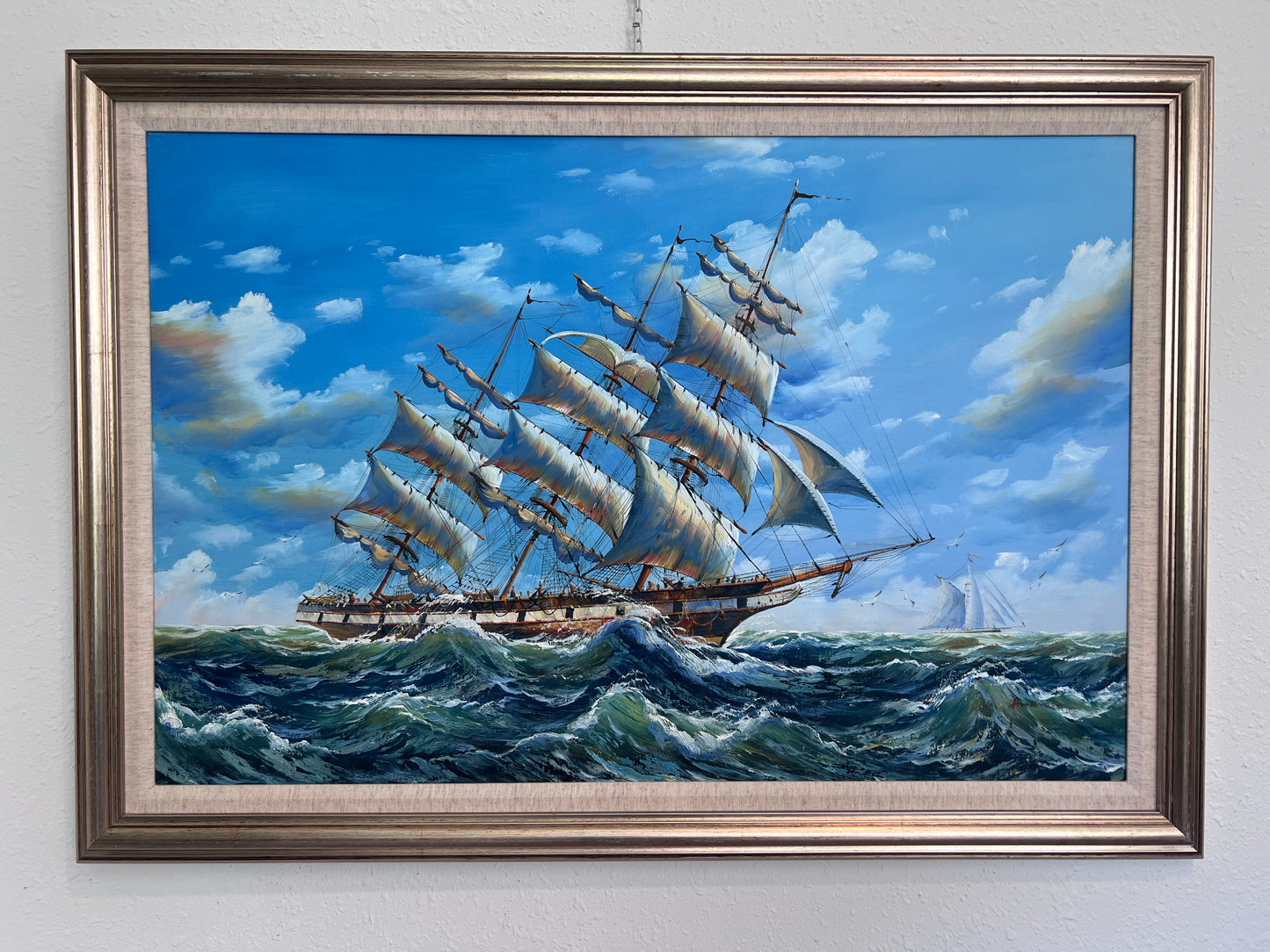 Ambrose Large Original Oil Painting on Canvas Sailing Ship Ocean Seascape Framed