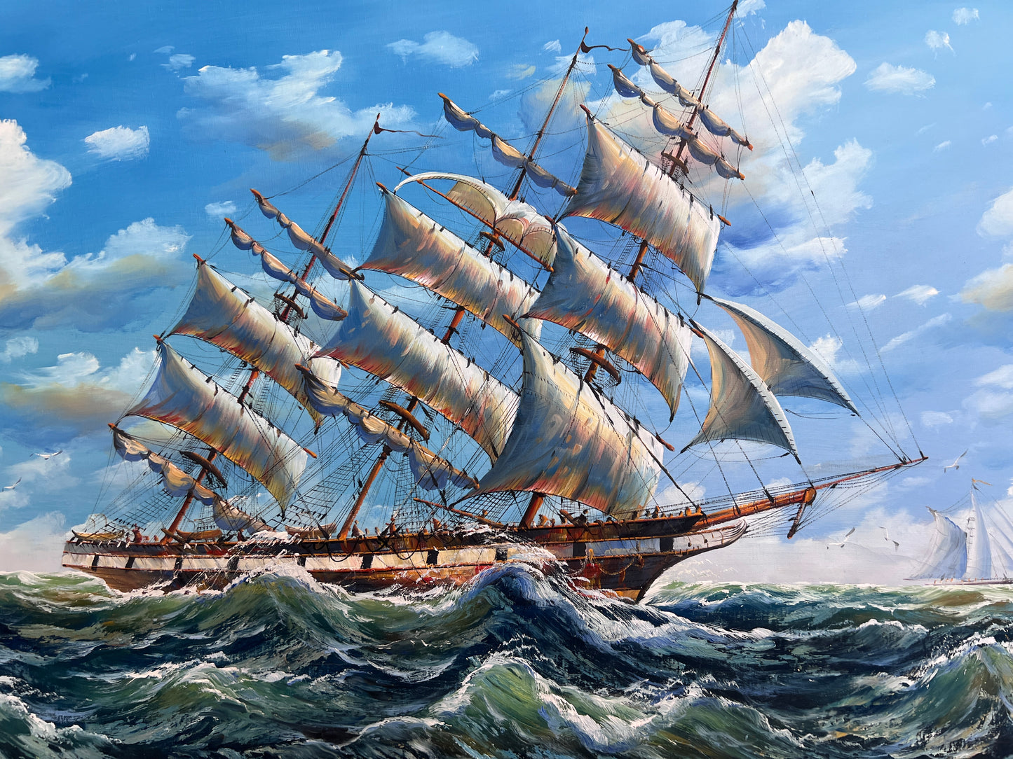Ambrose Large Original Oil Painting on Canvas Sailing Ship Ocean Seascape Framed