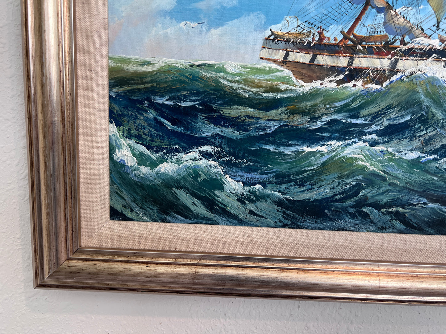 Ambrose Large Original Oil Painting on Canvas Sailing Ship Ocean Seascape Framed
