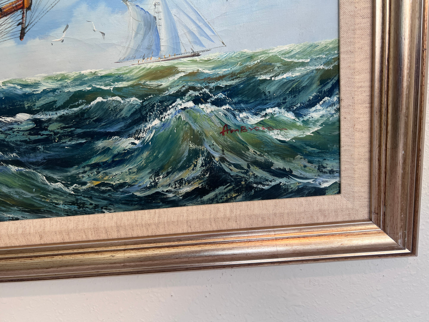 Ambrose Large Original Oil Painting on Canvas Sailing Ship Ocean Seascape Framed
