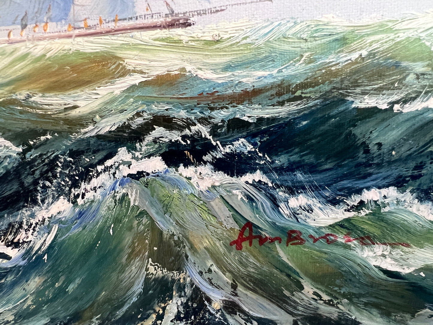 Ambrose Large Original Oil Painting on Canvas Sailing Ship Ocean Seascape Framed