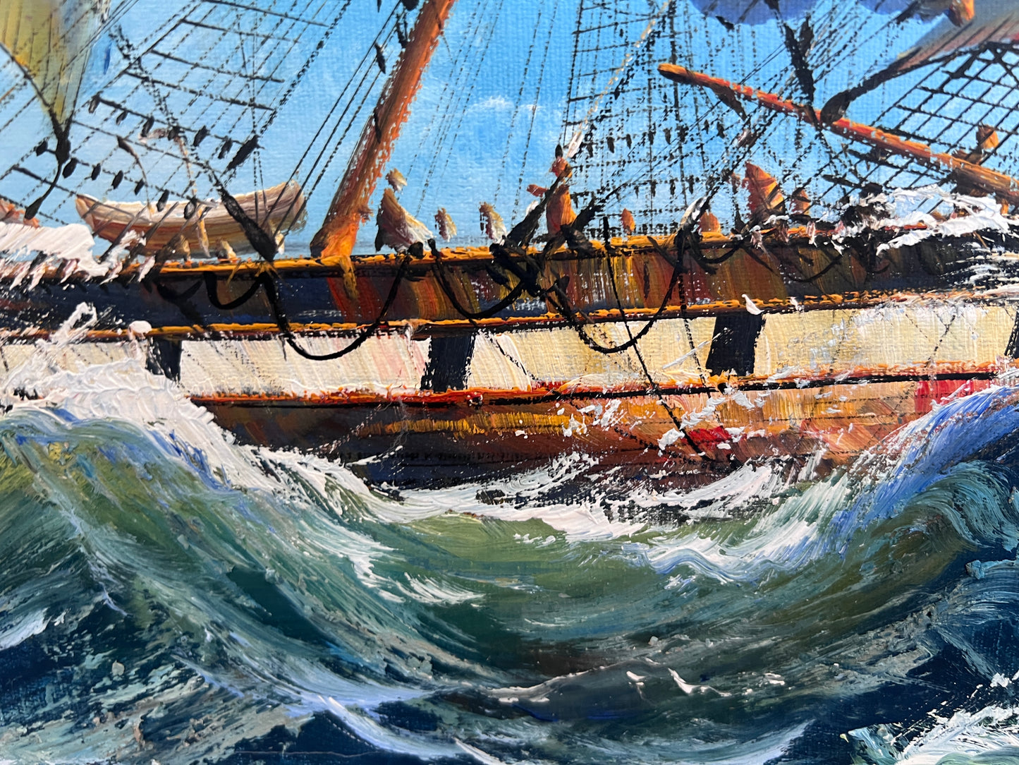 Ambrose Large Original Oil Painting on Canvas Sailing Ship Ocean Seascape Framed