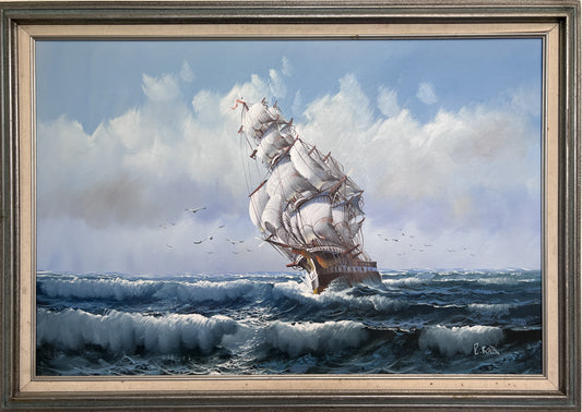 R.Boren original oil painting framed sailing ship seascape