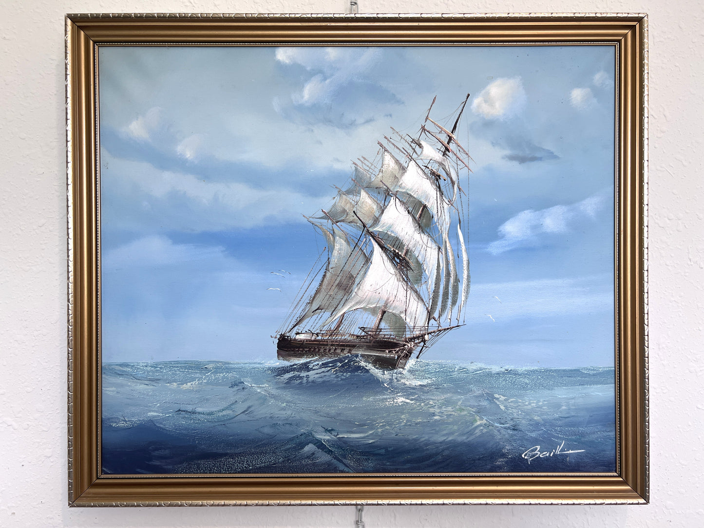 Sailing Ship Seascape by Baill – Original Oil Painting on Canvas, Framed
