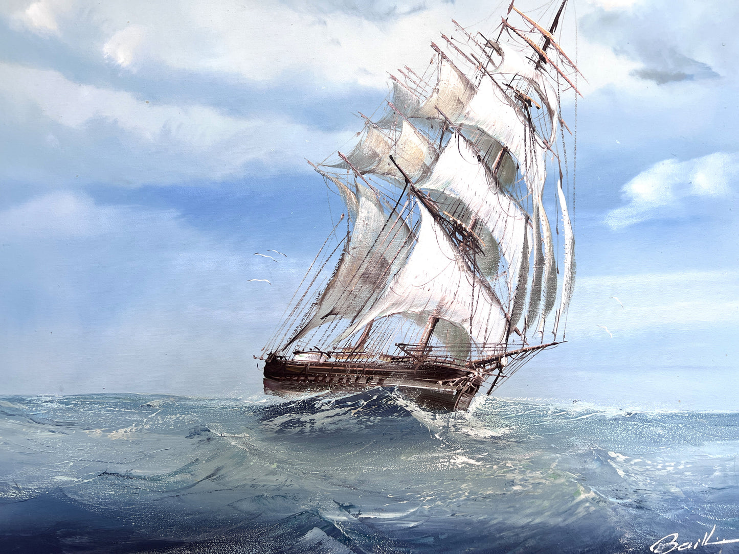 Sailing Ship Seascape by Baill – Original Oil Painting on Canvas, Framed