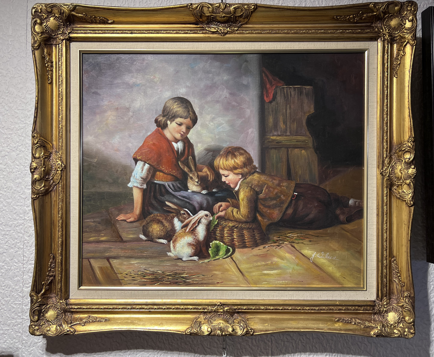 G.Wilson Vintage Oil painting on canvas, children playing with rabbit, framed