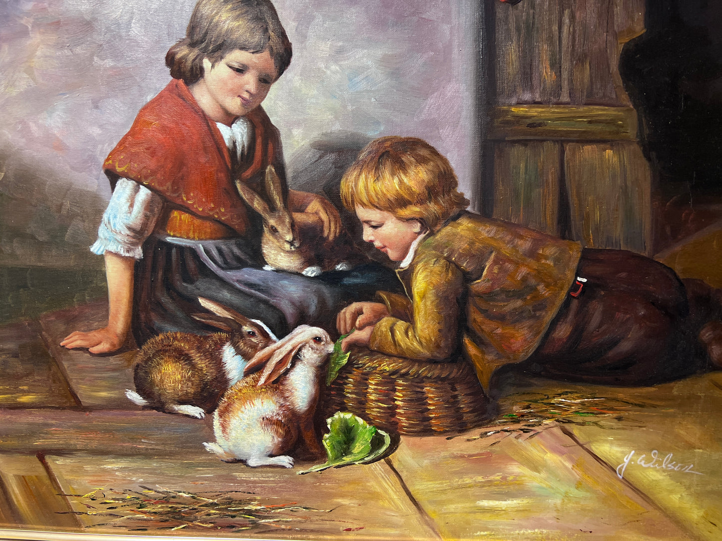 G.Wilson Vintage Oil painting on canvas, children playing with rabbit, framed