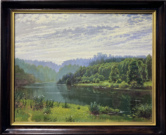 Original Vintage oil painting on canvas, Summer Landscape "Foggy Morning" Signed