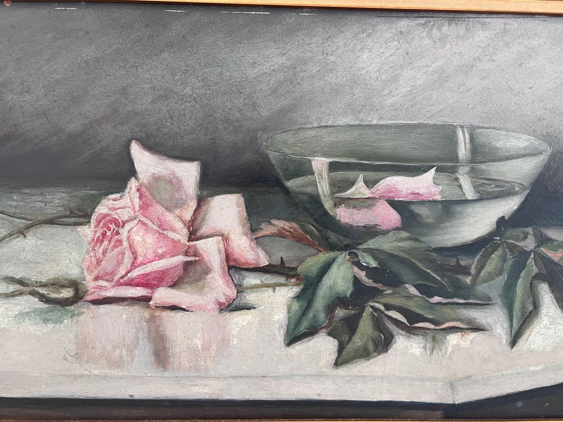 Antique Early 20th century Oil Painting Roses Still Life on Board Unsigned Frame