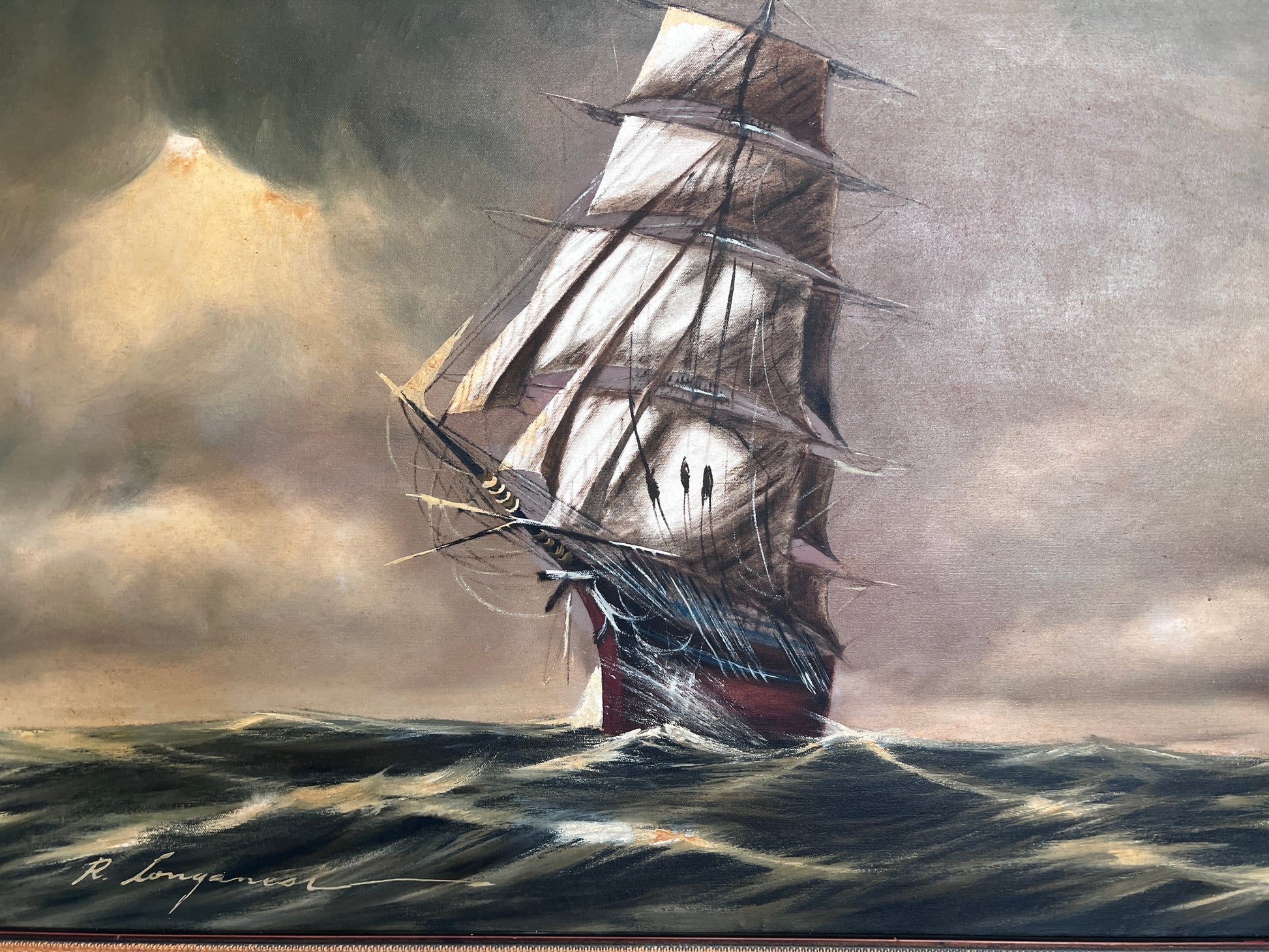Renato Longanesi - Original Vintage Oil Painting Clipper Ship Stormy Sea Framed