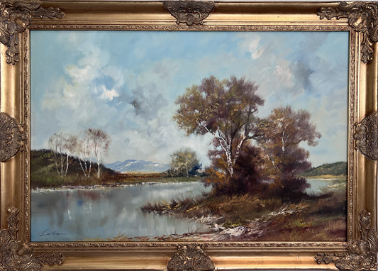 S. Lobau (Europe) Large Oil Painting on canvas Birch Tree Landscape River Scene