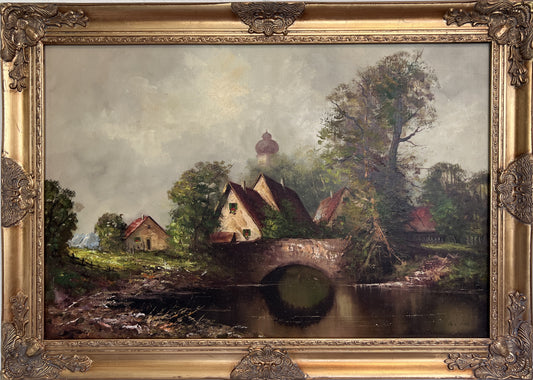 C. Kern (German) Large Oil/canvas Painting Landscape Bridge Trees Church Framed