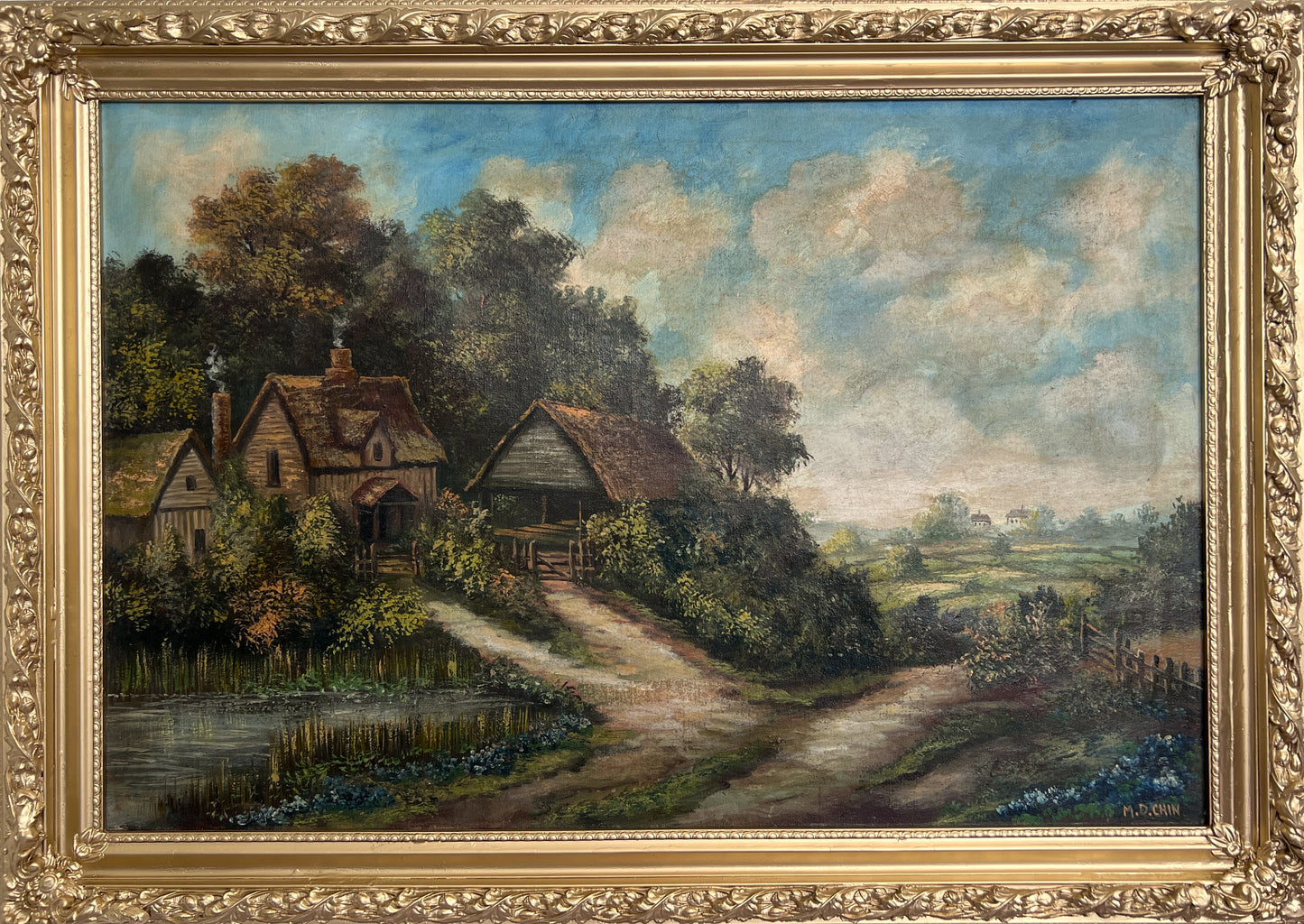 Antique Oil Painting Countryside Cottage Landscape Signed M.D. Chin – Framed