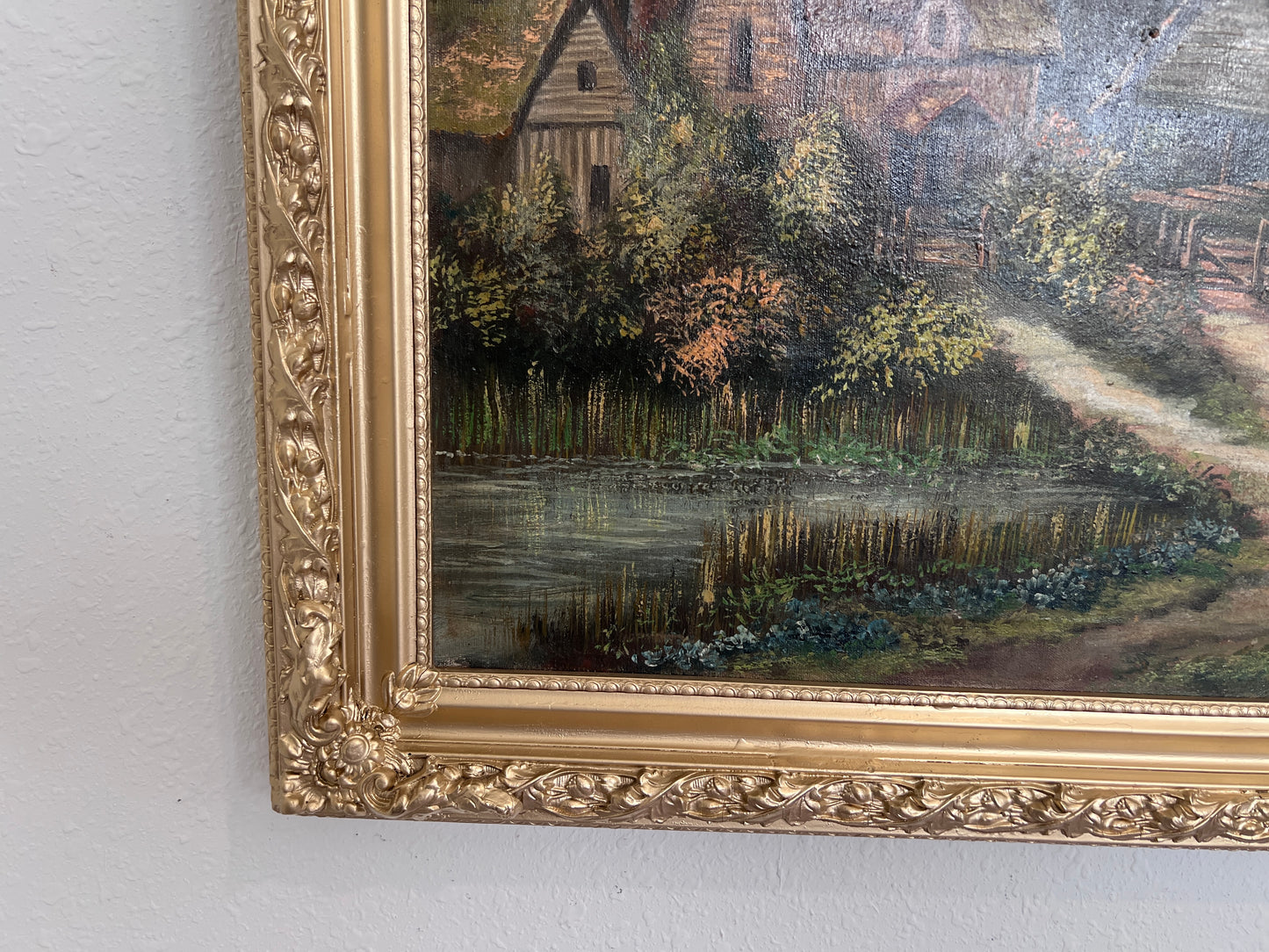 Antique Oil Painting Countryside Cottage Landscape Signed M.D. Chin – Framed