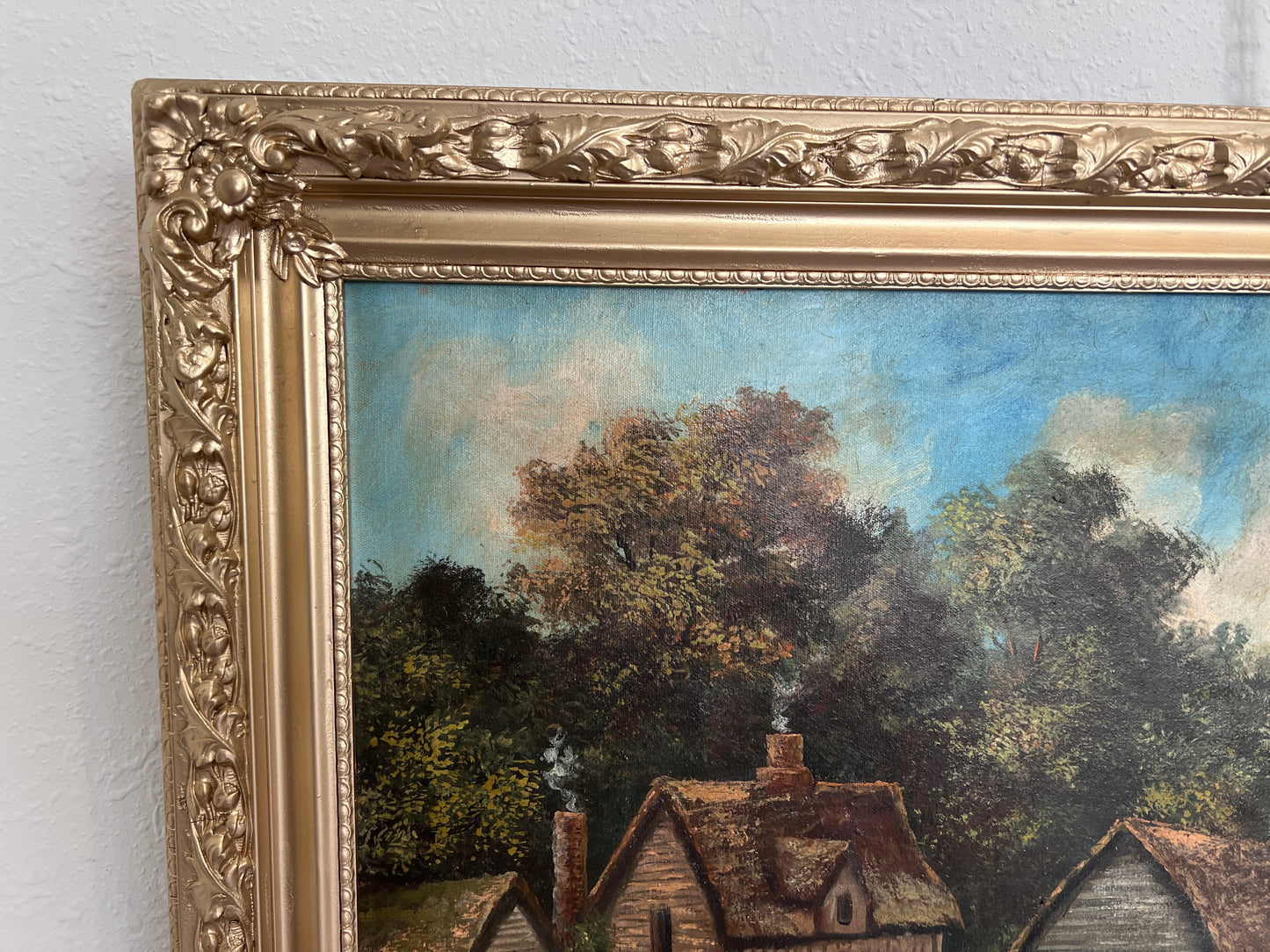 Antique Oil Painting Countryside Cottage Landscape Signed M.D. Chin – Framed