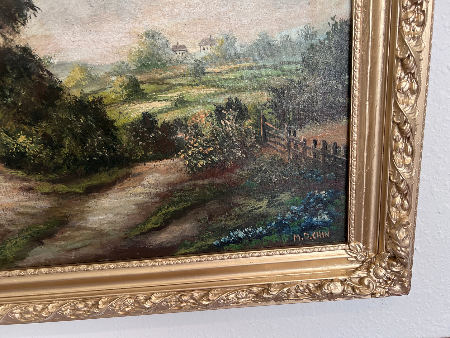Antique Oil Painting Countryside Cottage Landscape Signed M.D. Chin – Framed