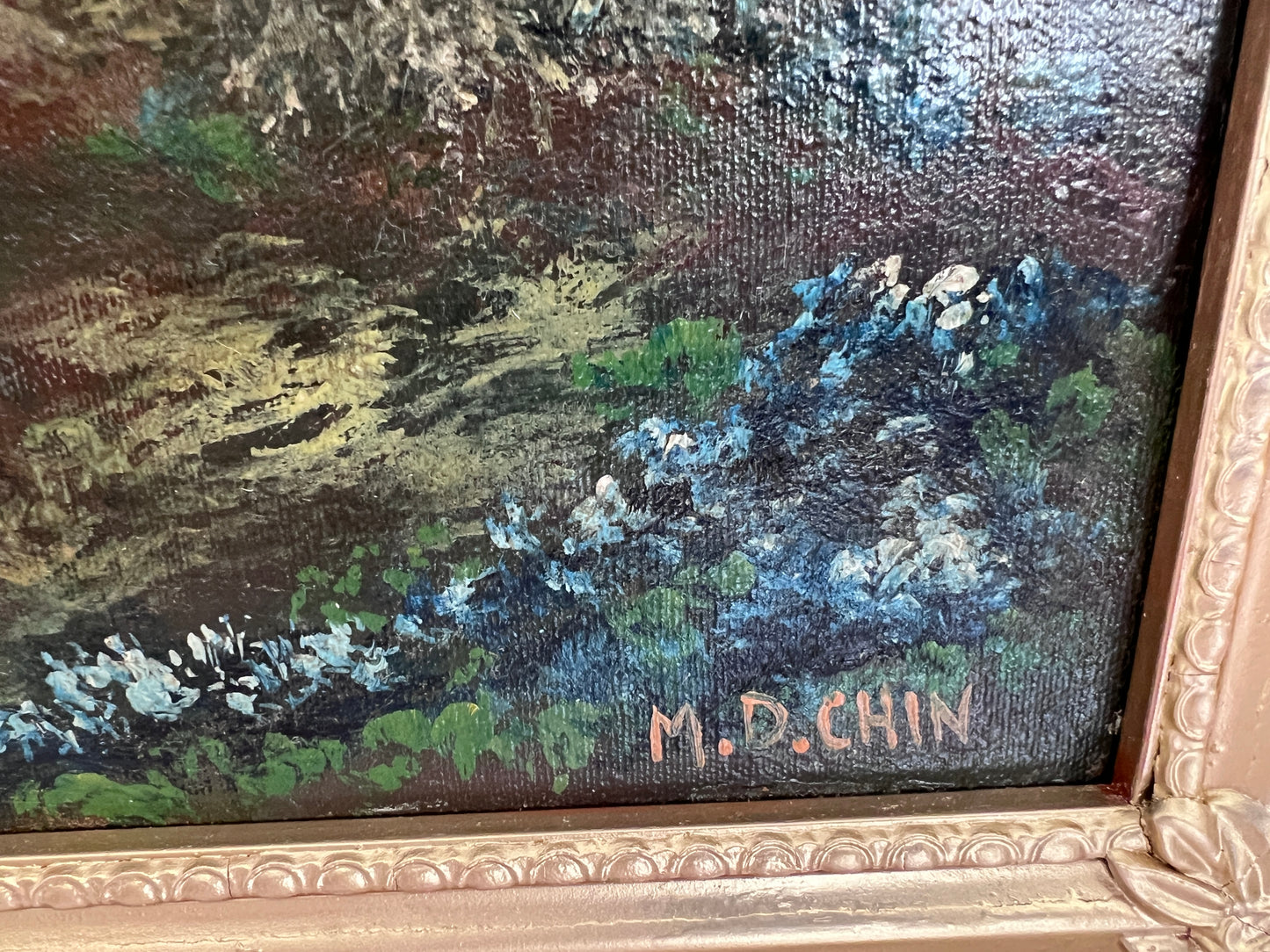 Antique Oil Painting Countryside Cottage Landscape Signed M.D. Chin – Framed